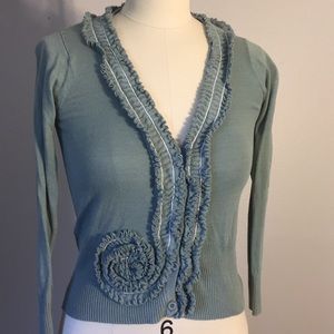 Blue ruffle v-neck cardigan sweater size XS